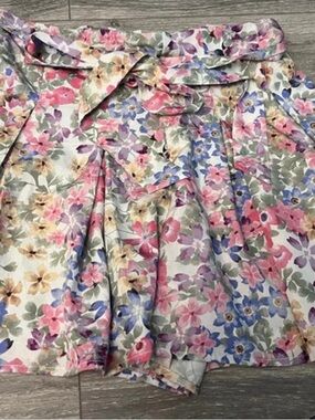 Floral Tie-Waist A-Line Shorts  - Pink/Blue Floral